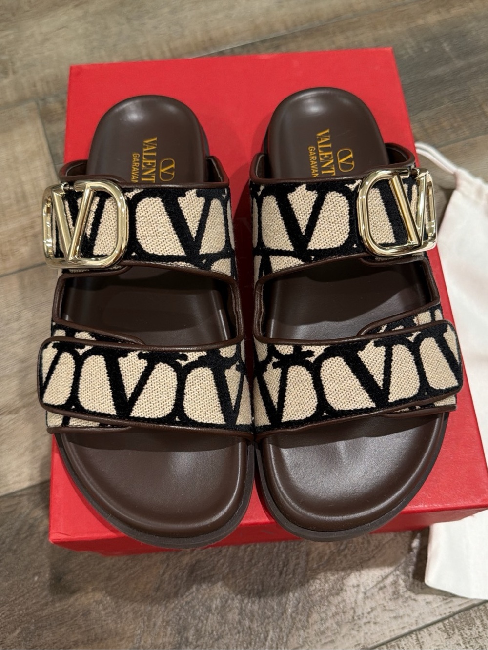 Valentino Garavani brown and beige double strap V logo sandal slides - Picture 3 of 9